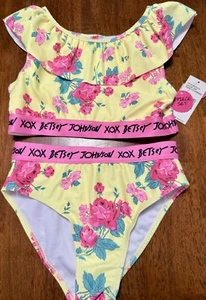 NWT Gorgeous Betsey Johnson XOX Lime & Neon Pink Floral 2-piece Swimsuit SZ 10 - Picture 1 of 1