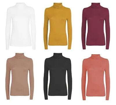 Womens Cotton Plain Long Sleeve Casual Roll Polo Turtle Neck Jumper Petite Top - Image 1 of 4