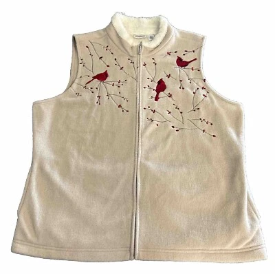 Croft & Barrow Vest Womens XL Tan Fleece Embroidered Cardinals Front Zip - Image 1 of 4
