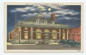 U.S. Post Office at Night Greenwood South Carolina Linen Postcard - Picture 1 of 2