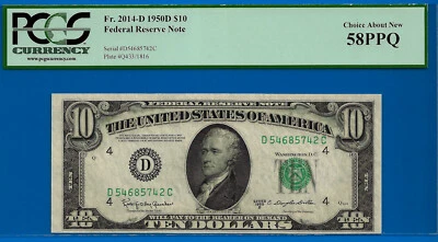 1950D $10 Federal Reserve Note PCGS 58PPQ wanted Cleveland Fr 2014-D - Image 1 of 2