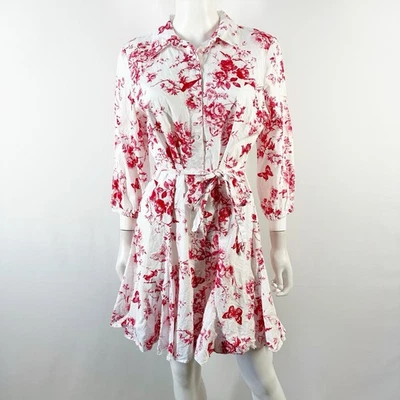 Cynthia Steffe White Red Floral Etoile Belted Shirt Dress Size L Cottagecore - Image 1 of 4