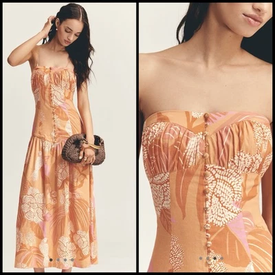 Farm Rio Anthropologie MEDIUM PETITE Linen Blend Strapless Floral Maxi Dress - Image 1 of 4