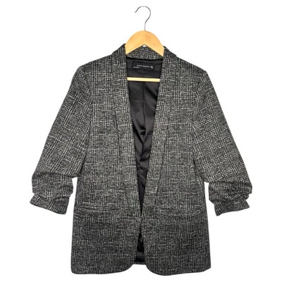 Zara Woman Blazer Womens Small Black Gray Wool Open Front Blazer Ruched Preppy - Image 1 of 4