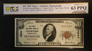 PCGS 63 PPQ Ch. 4534 1929 $10 Ty. I The First NB of Charleroi, Pennsylvania * - Picture 1 of 2