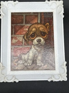 Vintage MCM Dog Wall Art 1960s Big Eyes Gig Pity Puppy Sad Dog Framed - Picture 1 of 15
