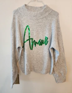 A New Day Women's Gray Pullover Sweater With Green Script Amore Size small - Picture 1 of 3