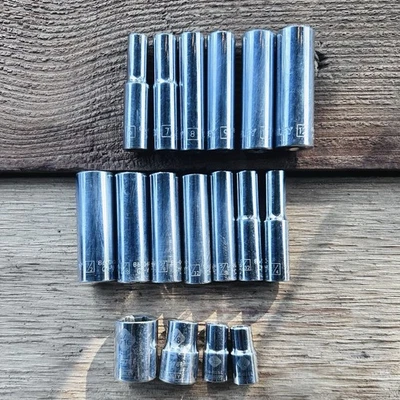 "Lote mixto de 17 enchufes Stanley cromados profundos y estándar métricos/SAE, 1/4"" dr" Foto 1 de 4