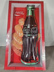 COCA COLA HAND HOLDS COKE BOTTLE 19" HEAVY DUTY USA MADE METAL ADVERTISING SIGN - Picture 1 of 5