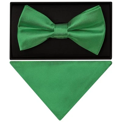 Plain Emerald Green Handmade Mens Bow Tie and Pocket Square Set Dickie Bow - Image 1 of 4