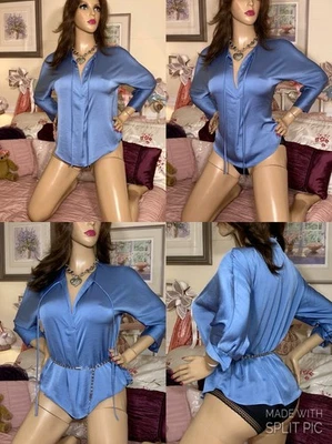 HIGH GLOSS SILKY WET LOOK LIQUID SATIN Sexy Secretary Mistress Tunic Blouse Top - Image 1 of 4