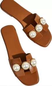 Women's Tan Cut Out Slides with Pearl Detail Flat Sandals, AU10, Zara Dupes - Picture 1 of 10