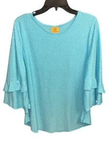 Ruby Rd Large Top By the Sea türkis blau Poly Viskose Schweizer Punkte Rüschen ausgestellte Ärmel - Bild 1 von 5