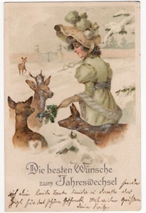 AK Weihnachten, schöne Frau mit Hut füttert Rehe - Bild 1 von 2