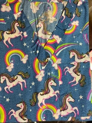 SCRUB TOP SIZES XS, S, M, L, XL RAINBOW UNICORN DENIM LOOK NWT NURSE MEDICAL - Image 1 of 4