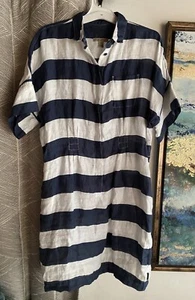 Burberry Brit Shirt Dress Womens Plaid White Navy Sz 4 Linen Pockets - Picture 1 of 20