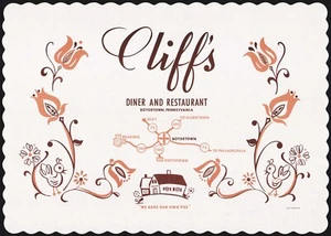 Vintage placemat CLIFFS DINER AND RESTAURANT flowers map Boyertown Pennsylvania - Picture 1 of 2