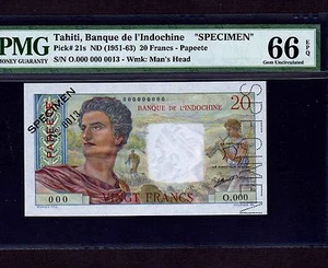 Tahiti 20 Francs 1951 P-21s * Specimen * PMG Gem Unc 66 EPQ * - Picture 1 of 2