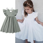 Toddler Kids Baby Girls Ruffle Solid Linen Elegant Princess Party Dress Clothes