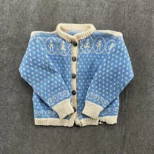 VINTAGE Sweater Girls XS Blue White Button Down Norwegian Wool Knit Cardigan 90s - Picture 1 of 9