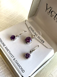 Vintage Sterlingsilber echter Amethyst & Diamant Halskette Ohrringe Set in Geschenkbox - Bild 1 von 13