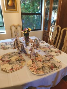 Vintage Set Of 6 Napkins & Placemats Mod Floral Beige and Pink Jacquard - Picture 1 of 9
