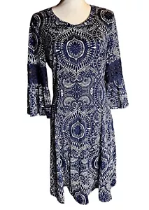 New Directions Geometric Boho Dress Navy Blue Size Medium NWT - Picture 1 of 9