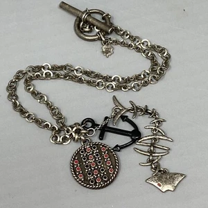 Lucky Brand Necklace Silver Tone Chain Anchor Fish Round Dangle Pendant Boho 18" - Picture 1 of 11