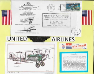 Cubierta de vuelo y postal del 50 aniversario de United Airlines + Jr. Ala piloto. - Imagen 1 de 1