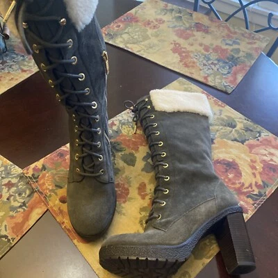 MICHAEL MICHAEL KORS  Dark Olive Suede Boots  Gold Zipper Fur Trim Stunning !8M - Image 1 of 4