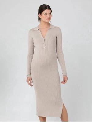 NWOT Ripe Sammy Knit Polo Dress Long Sleeve Ribbed Maternity in Stone Size Large - Image 1 of 4