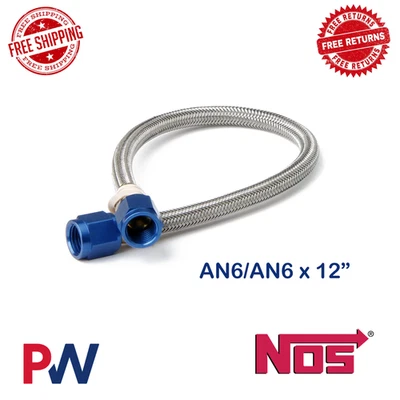NOS Stainless Steel Braided Hoses -6AN 1-foot Blue w/AN Fittings & Step-Ups - Image 1 of 4