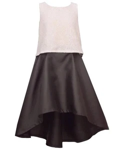 NEW Bonnie Jean Girls Size 7 "BLACK TAFFETA WHITE LACE" High-Low Bow Dress Set - Picture 1 of 3