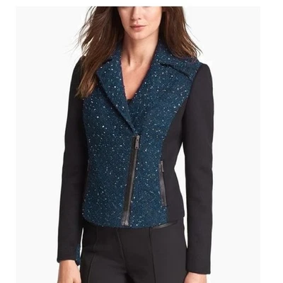 NWT Elie Tahari Friva Boucle Moto Jacket Size 0 Zenith Blue & Black - Image 1 of 4