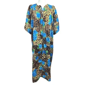 VTG Simply Basic BOHO Cottagecore Floral Animal Print Kaftan Mumu 1/2 Zip Robe - Picture 1 of 13