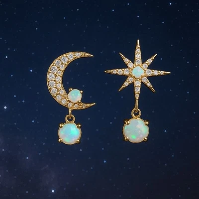 Pendientes Anthropologie Estrella Luna Piedra Lunar Desajuste Oro Celestial Circonita cúbica Iridiscente Foto 1 de 4