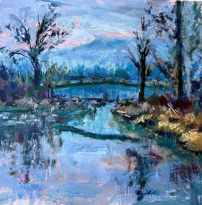 Pintura acrílica hecha a mano, maderas brumosas 10x11 pulgadas, arte de pared bosque de invierno, firmada Foto 1 de 4