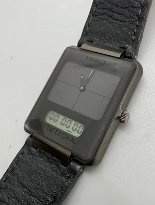 Tissot 1992 Two Timer Analog Digital Grau Uhr Swiss Schwarz Lederband RAR X - Bild 1 von 4