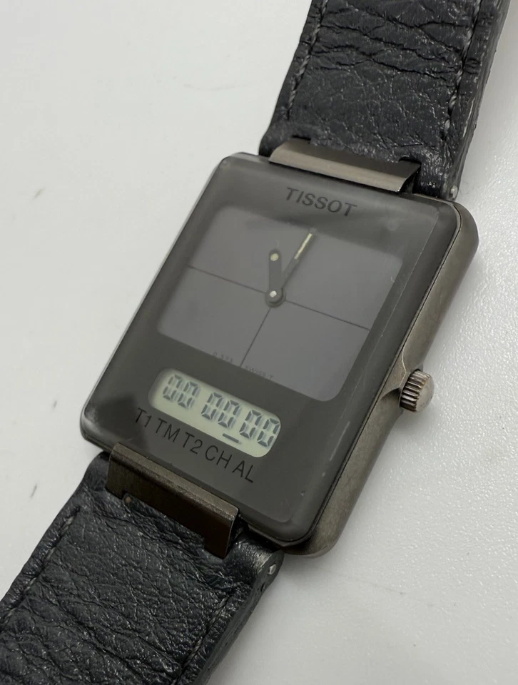 Tissot 1992 Two Timer Analog Digital Gray Watch Swiss Black Leather Band RARE X - Image 1 of 4
