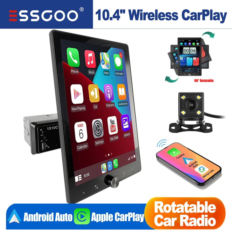 10" Single DIN Wireless Car Stereo Radio Carplay Android Auto Rotatable USB AUX - image 1 of 4