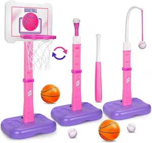 3 in 1 Kids Basketball Hoop and T Ball Set, Pink Adjustable Height Toddler Baske - Picture 1 of 7