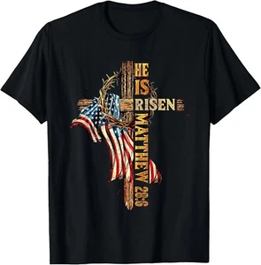 Easter Cross He Is Risen Jesus Christian USA Flag Men Women T-Shirt - Picture 1 of 5