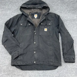 Carhartt Jacket Mens M Black Bartlett Sherpa-Lined Utility Washed Duck Hooded - Picture 1 of 8