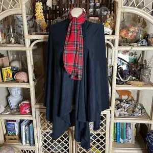 Poncho Mantón Negro Vintage Años 70 con Bufanda Cuello Mezcla Lana Cuadros Rojo Talla Única - Imagen 1 de 12