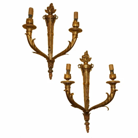 Pair Antique Louis XV Style Torch Form Gilt Bronze Sconces Cover