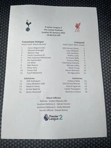 TOTTENHAM HOTSPUR U21 v Liverpool U21 PL 2 Teamsheet 26 January 2025 - Picture 1 of 1