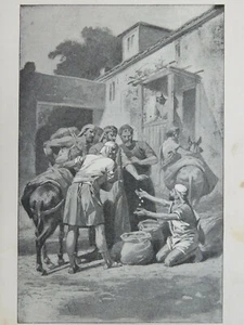 Orig. Antigua impresión de grabado cristiana de 1905 de 5,75x8: dinero encontrado en sacos José - Imagen 1 de 3