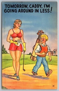 Tarjeta postal de humor sexy dama golfista mañana carrito I'm Going Around años 30 lino L1 - Imagen 1 de 2