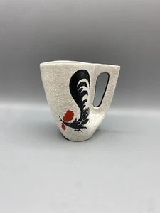 Vintage MCM Black White Red Rooster Textured Pottery Mug Italy Signed & Numbered - Picture 1 of 13
