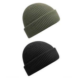 Chunky Ribbed Knit Beanie Cotton Jersey Lined Wind Resistant Winter Hats Unisex - Picture 1 of 9